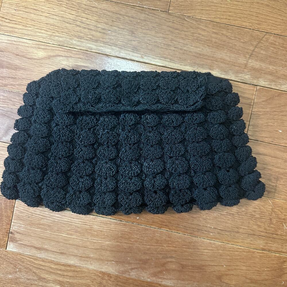 Vintage 1940s Black Popcorn Rosette Crochet Clutch Evening Bag  Purse